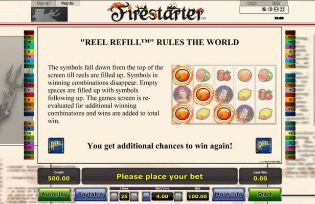 Reel Refill - The symbols fall down from the top of the screen till reels are filled up. Symbols in winning combinations disappear. Empty spaces are filled up with symbols following up. The games screen is re-evaluated for additional winning combinations