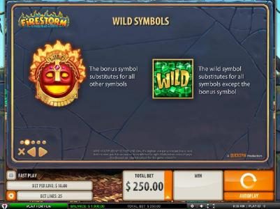 Wild Symbols - The bonus symbol substitutes for all other symbols. The Wild symbol substitutes for all symbols except the bonus sumbol.