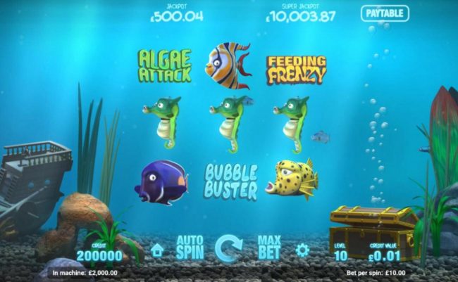A fish themed main game board featuring three reels and 8 paylines with a progressive jackpot max payout
