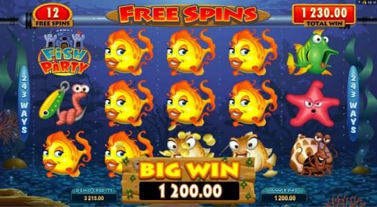 A $1200 big win triggered by multiple winning paylines  during the free spins feature.