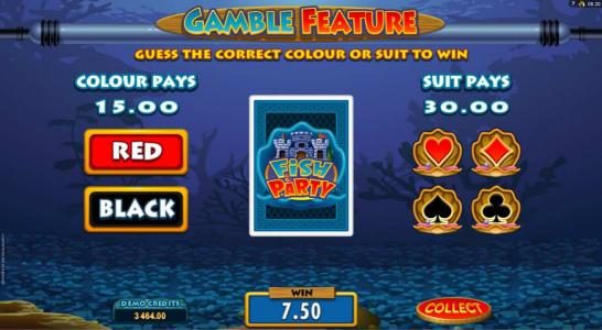 Gamble feature is available after each winning spin. Select color or suit to play.