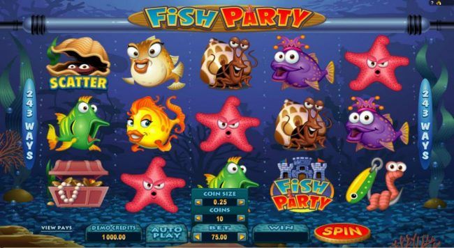 Main game board based on an aquatic theme, featuring five reels and 243 winning combinations with a $485,000 max payout