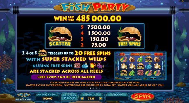 Win up to 485,000.00! Three or more clam scatter symbols triggers up to 20 free spins with super stacked wilds during free spins. Free spins can be re-triggered.