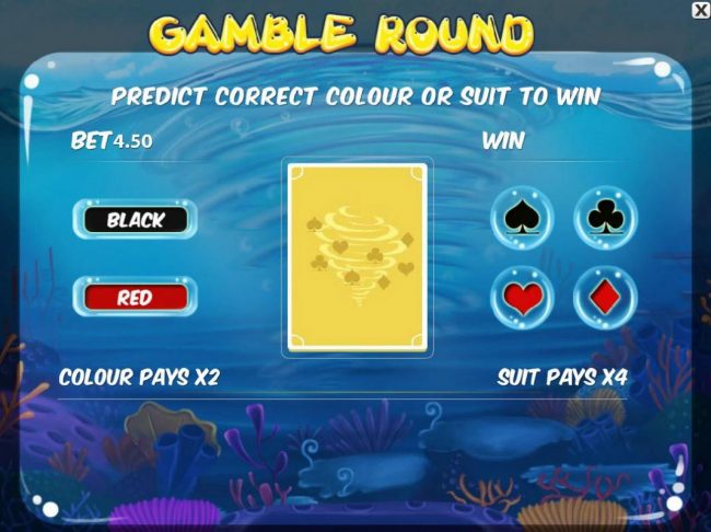 Gamble feature game board is available after every winning spin. For a chance to increase your winnings, select the correct color or suit of the next card or take win.