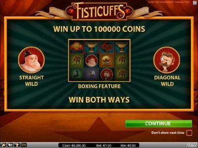 win up to 100,000 coins, straight wild, diagonal wild, boxing feature, win both ways