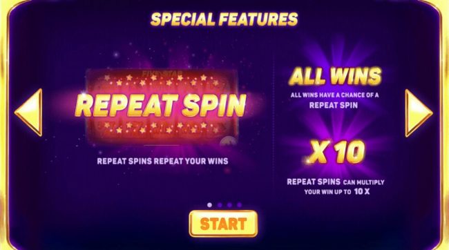 Special Features include: Repeat Spin, All Wins and X10 multiplier.