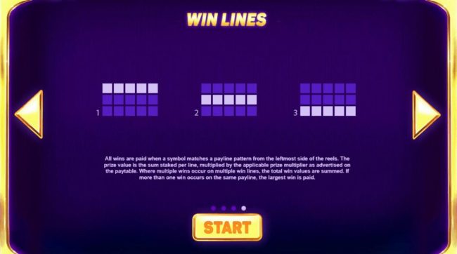 Payline Diagrams 1-3. All wins are paid when a symbol matches a payline pattern from the leftmost side of the reels.