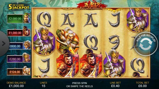 An Asian warrior themed main game board featuring five reels and 15 paylines with a progressive jackpot max payout