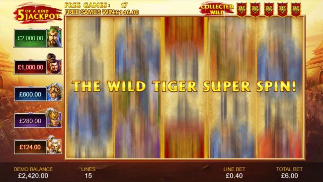 Collecting five tiger symbols will trigger the Wild Tiger Super Spin.