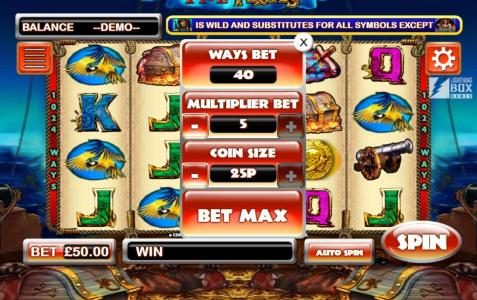 Click on BET to select wys to bet, multiplier bet and coin size