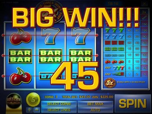 A 45 coin big win triggered by a three of a kind.