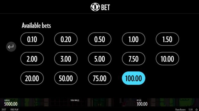 Available Bets - from 0.10 to 100.00