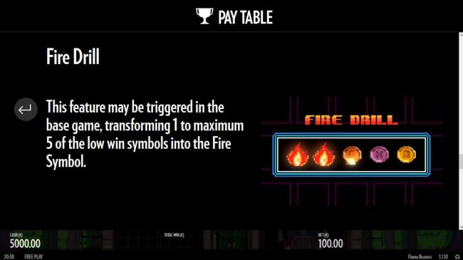 Frie Drill - This feature may be triggered in the base game, transforming 1 to maximum 5 of the low win symbols into the fire symbol.
