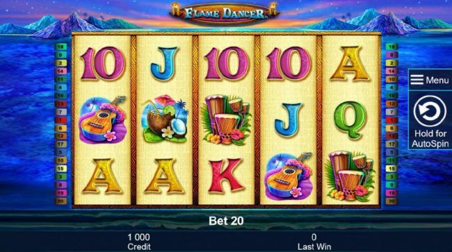 Main game board based on a Hawaiian tropical theme, featuring five reels and 20 paylines with a $400,000 max payout