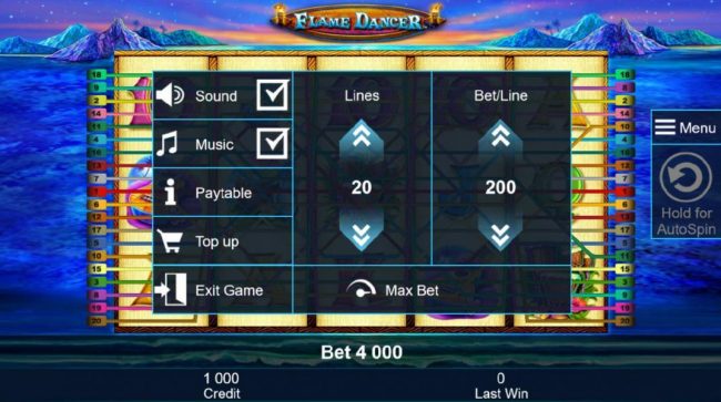 Click the menu button to adjust the number of bet lines or bet per line.