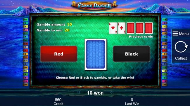 Gamble feature game board is available after every winning spin. For a chance to increase your winnings, select the correct color on the next card or take win.