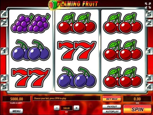 A fruit inspired main game board featuring three reels and 5 paylines with a $1,600,000 max payout