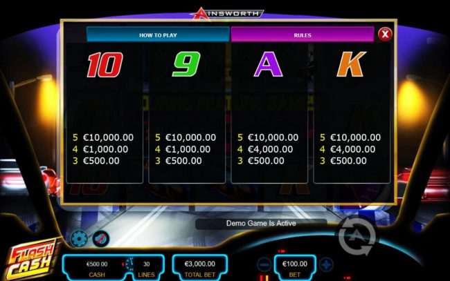 Low value slot game symbols paytable - Base Game.