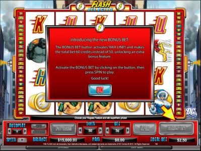 The bonus bet button activates max lines and makes the total bet 60 credits instead of 50, unlocking an extra bonus feature