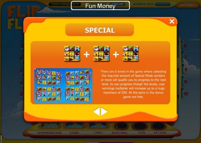 There are 6 levels in the game where collecting the required amount of special mode symbols or more will qualify you to progress to the next level. As you progress through the levels, your winnings multiplier will increase up to a huge maximum of x50. all