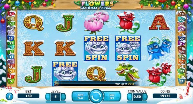 Three or more free spin symbols triggers the free spins feature.