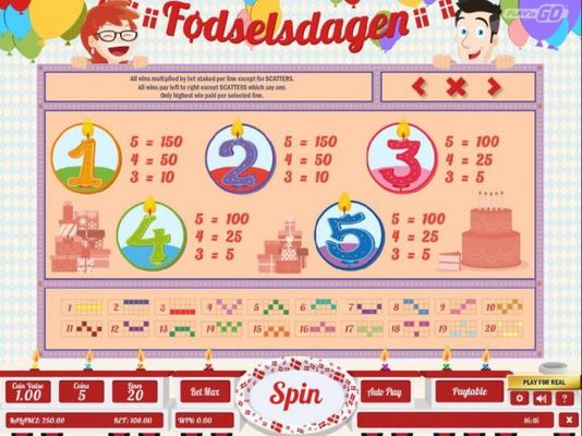 Low value game symbols paytable and payline diagrams 1 to 20