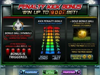 Penalty Kick Bonus - Win up to 900x Bet! If the bonus appears on all reels, the bonus is triggered