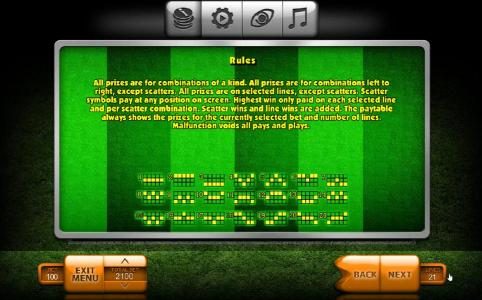 Rules - All prizes are for combinations of a kind. Highest win only paid per selectd line. Line wins are added. The paytable always shows the prizes for the currently selected bet and number of lines.