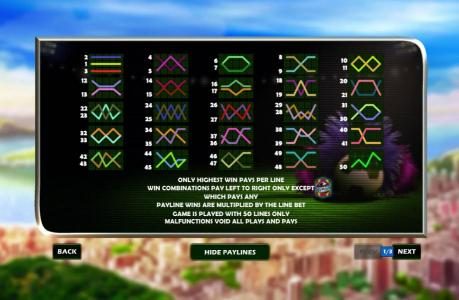 Payline Diagrams 1-50. Only the highest win pays per line. Win combinations pay left to right only except the game logo scatter symbol which pays any. Payline wins are multiplied by the line bet. Game is played with 50 lines only.