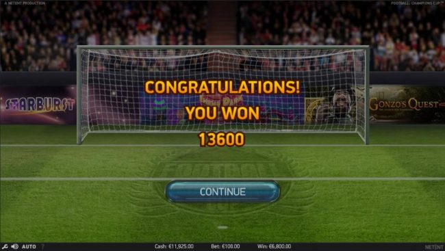 Shootout bonus game pays out a total of 13600