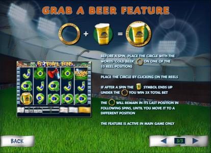 grab a beer feature, before a spin, place the circle with the words cold beer on one of the 15 reel positions.