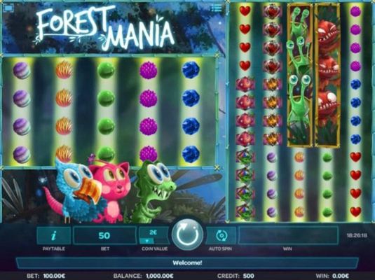 A woodland fairy fantasy themed main game board featuring five reels and 100 paylines with a $50,000 max payout.