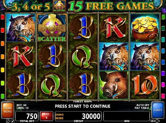 A forest diety themed main game board featuring five reels and 15 paylines with a $500,000 max payout