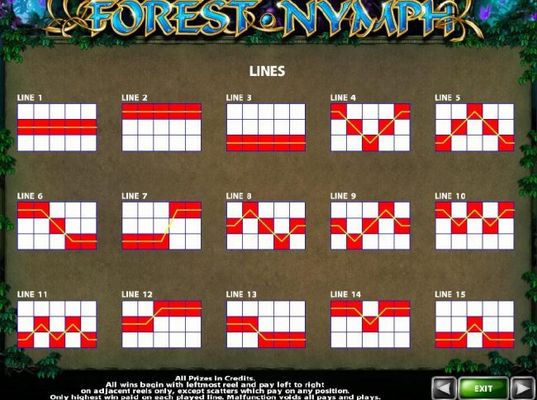 Payline Diagrams 1-15. All wins begin with the leftmost reel and pay left to right on adjacent reels only, except scatters which pay on any position.