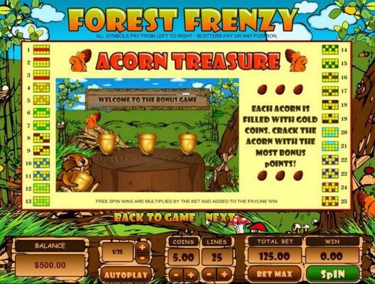 Acorn Treasure - each acorn is filled with gold coins. Crack the acorn with the most bonus points!