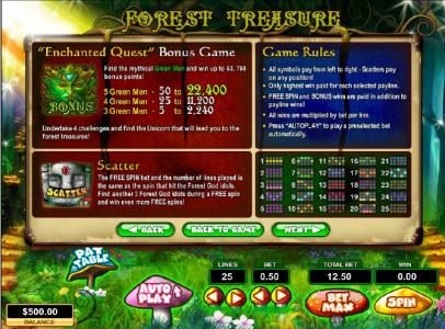 enchanted quest bonus game rules and paytable. scatter symbol rules. general game rules and payline diagrams