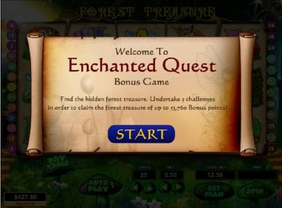 enchanted quest bonus game - find the hidden forest treasure. undertake 5 challenges in order to claim the forest treasure of up to 53,760 bonus points