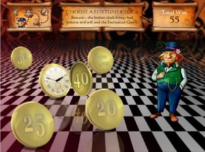 enchanted quest bonus game - choose a fortune clock. Game end with broken clock. 40 points earned