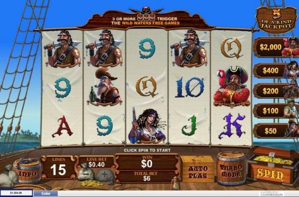 Main game board featuring five reels and 15 paylines with a progressive jackpot max payout