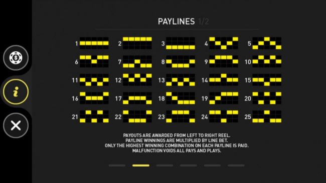 Payline  Diagrams 1-25. Payouts are awarded from left to right reel. Payline winnings are multiplied by line bet. Only highest winning combination on each payline paid.