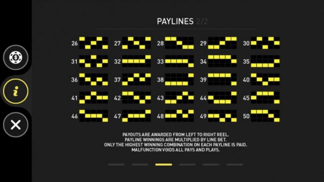 Payline  Diagrams 26-50. Payouts are awarded from left to right reel. Payline winnings are multiplied by line bet. Only highest winning combination on each payline paid.