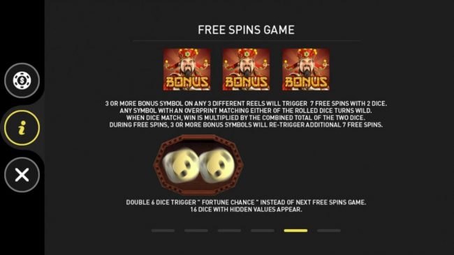 Free Spins Game Rules - 3 or more bonus symbols on any 3 different reels will trigger 7 free games.