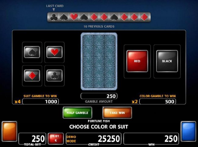 Double Up gamble feature is available after every winning spin. Select the correct color or suit for a chance to double your winnings.