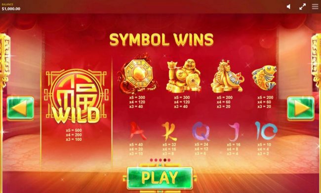 Slot game symbols paytable featuring Asian inspired icons..