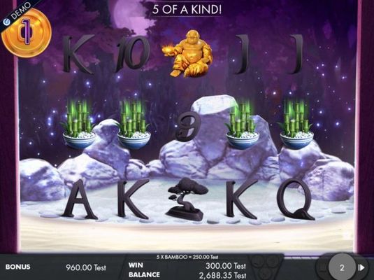 A winning Five of a Kind triggered during the free spins feature..