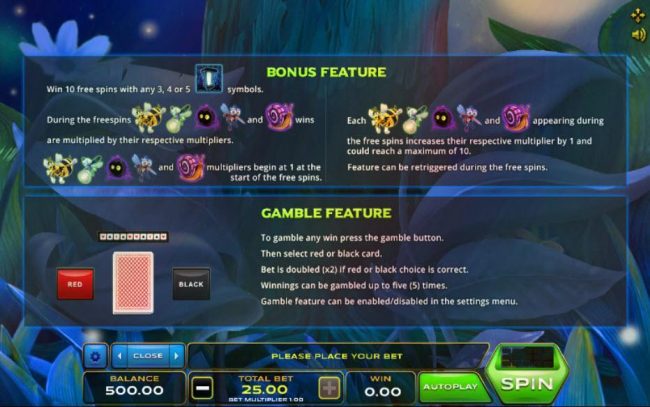 Bonus Feature - win 10 free games with any 3, 4 or 5 lantern symbols. Gamble feature rules.