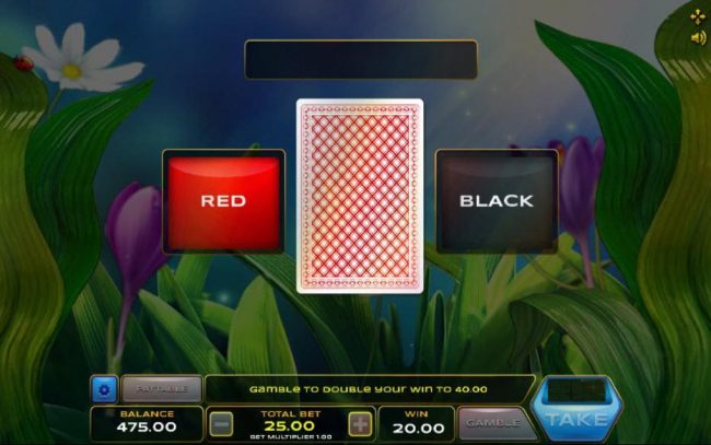 Gamble feature game board is available after every winning spin. For a chance to increase your winnings, select the correct color of the next card or take win.