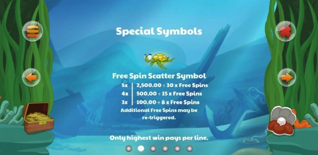 The sea turtle represents the games scatter symbol. Three or more will award you with 8 to 30 free spins respectively. Additional free spins may be re-triggered. a five of a kind pays 2,500.00
