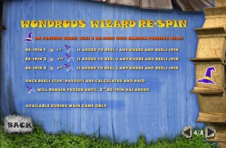 Winderous Wizard Re-spins - A sticky Wild is added anywhere during each re-spin. Wilds remain frozen until re-spin has ended. Available during main game only.