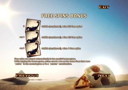 free spins bonus paytable and rules